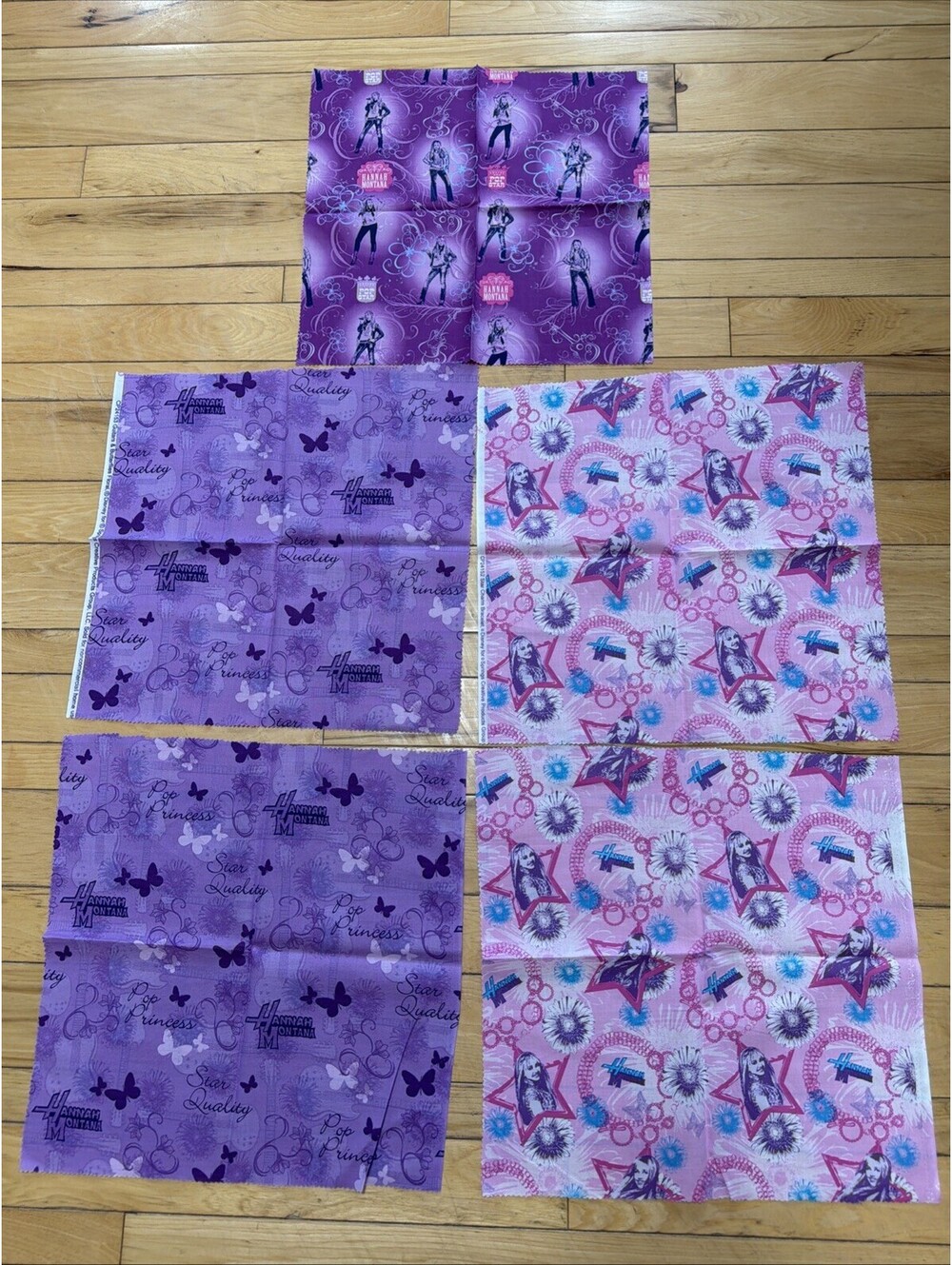 VTG Hannah Montana Cotton Fabric 5 Squares 17x17” Purple Pink Pop Princess